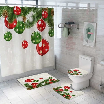 4PCS/set Christmas Ball Star Decorative Balloon Bathroom Rug Shower Curtain Skidproof Toilet Lid Cover Bath Mat Rug Set
