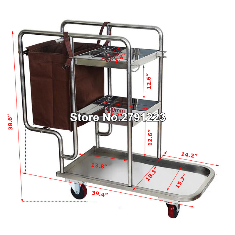 Stainless Steel 3 Shelf Janitor Cart With Cloth Bag Housekeeping Cart Hotel Mute Wheel Commercial Hotel Cleaning Cart