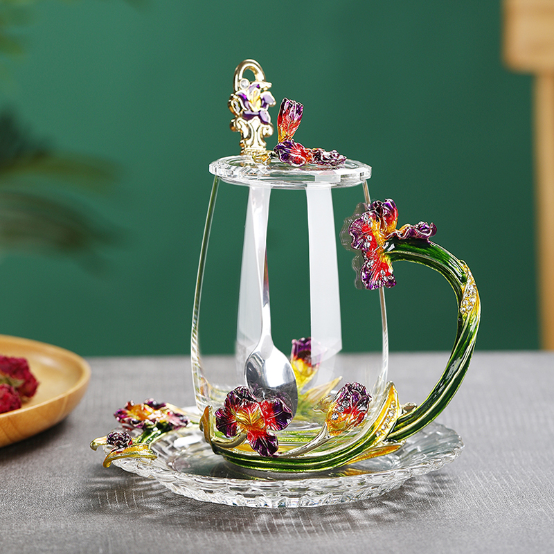Creative Enamel Colored Water Mug with Flower Tea Mug Household Transparent Crystal Glass Lead-free Hot Tea Cup High-end Gift