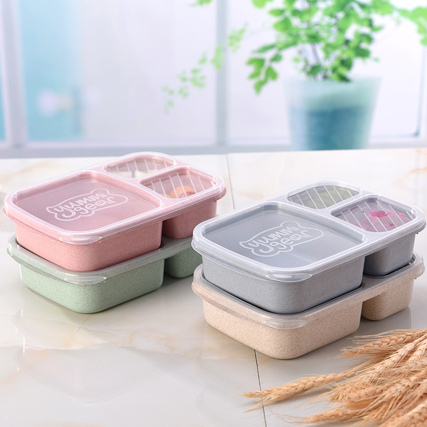 Lunch Wheat Straw Bento Box 3 Grid With Lid Microwave Food Box Biodegradable Storage Container Lunch Bento Boxes Dinnerware Set