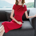 Summer Temperament Elegant Diamond Plus Size Slim Short Sleeve O-neck A-line Simple Solid Color Women Party Cocktail Dress