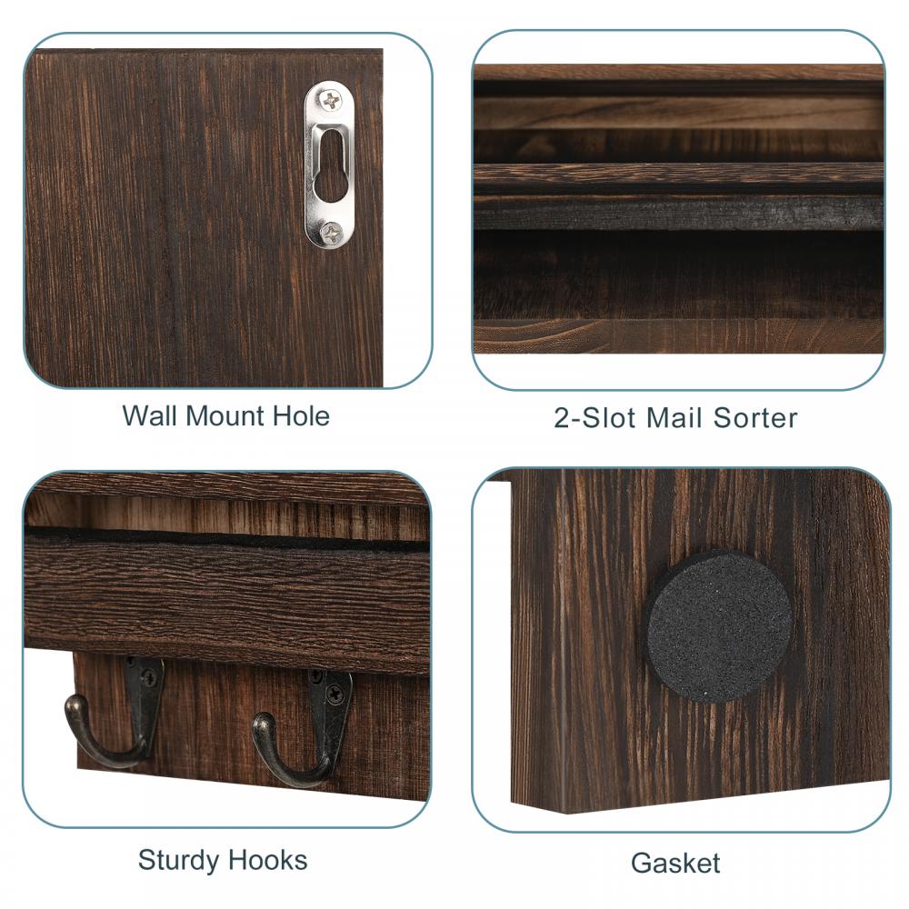 Wall Mounted Wood Mail Storage Rack with Hooks