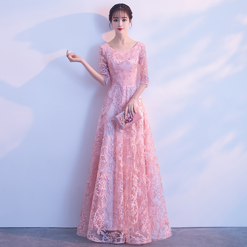 summer Embroidered Big Swing Zippper Three Quarter Sleeve Floor-length A-line Chiffon Light Blue Pink Cocktail Dresses