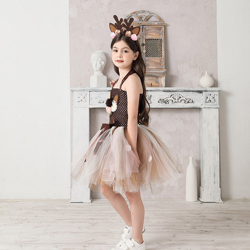 Deer Costume Girls Halloween Christmas Fancy Dress Flower Reindeer Bambi Kids Tutu Dress with Headband Children New Year Clothes (8)