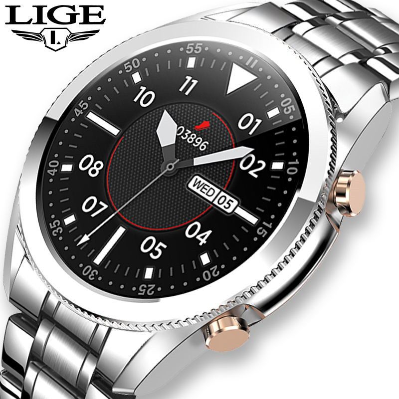 LIGE Steel Band Bluetooth Call Smart Watch Men Full Touch Screen Sports Watches Waterproof For Android ios smartwatch Mens Gift