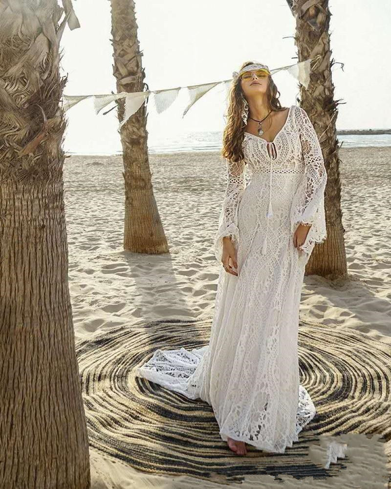 Bohemia Lace Beach Wedding Dress 2020 Vintage Boho Backless V-Neck Vestido De Noiva Long Flare Sleeve Wedding Bride Dresses