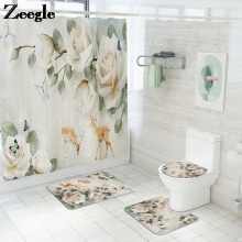 Europe Style Bath Mat and Shower Curtain Set Flannel Bathroom Carpet Non-slip Shower Foot Pad Absorbent Bath Rug