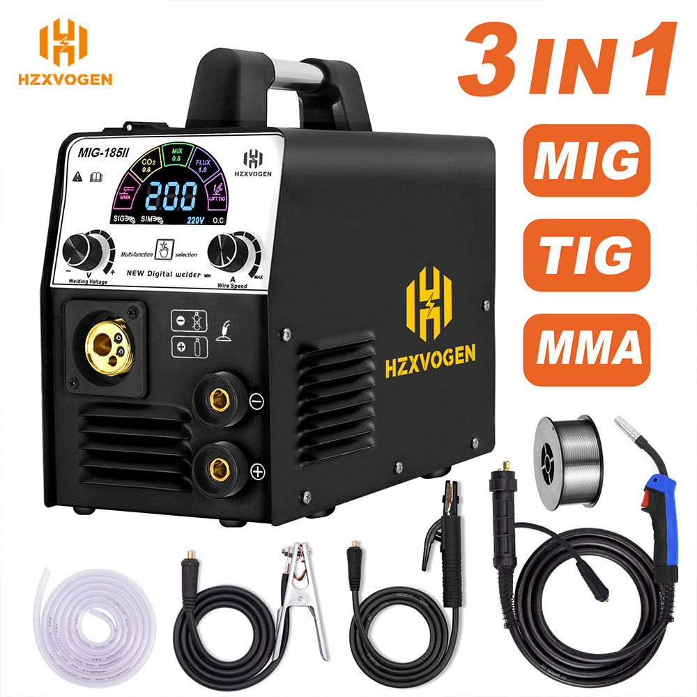 HZXVOGEN MIG185-II Mig Weldr MIG TIG ARC/MMA 3 In 1 CO2 MIX Flux Gas Or Gasless Multi Function Welding Machine Household Tools