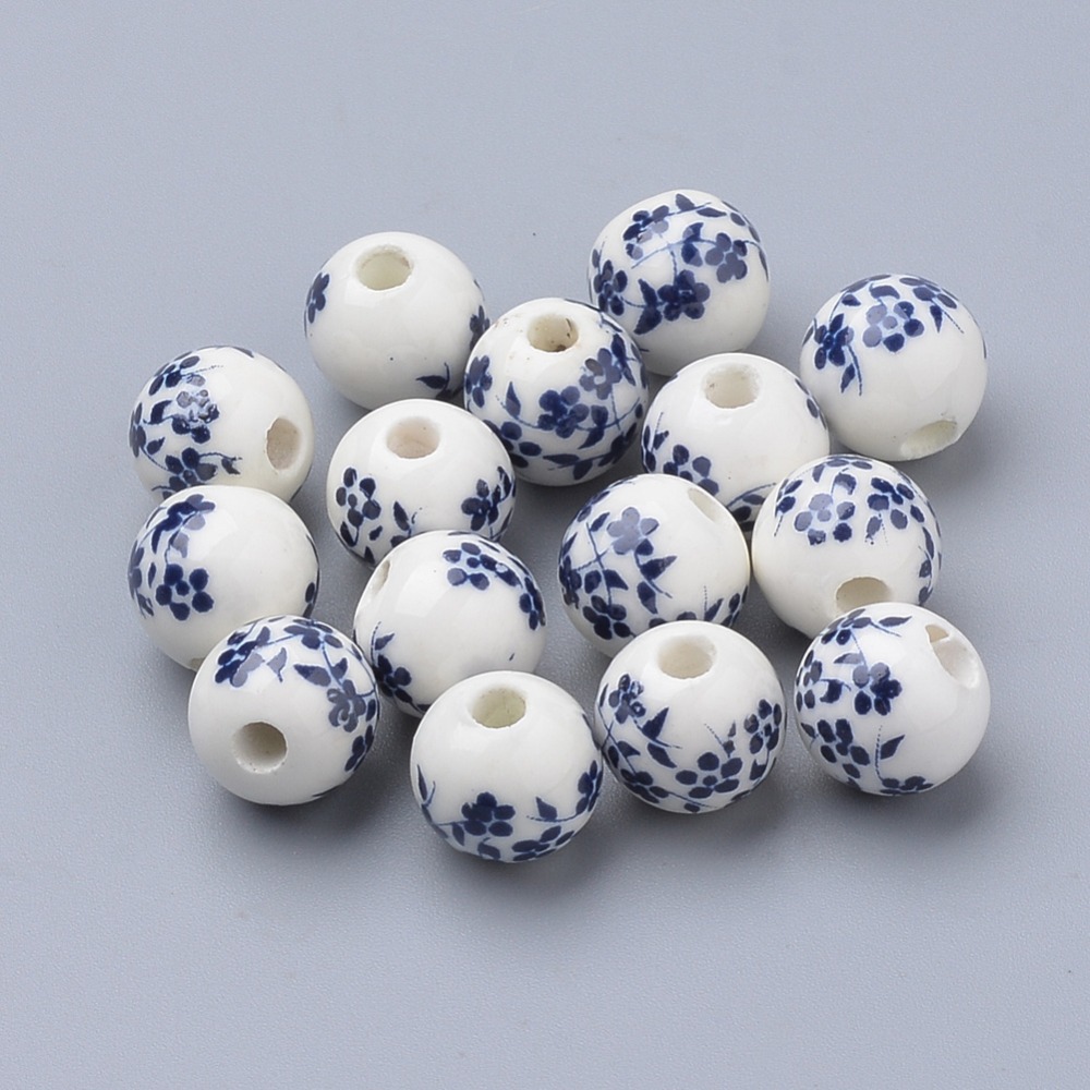 PandaHall 200pc 6/8/10mm Handmade Printed Ceramic Clay Porcelain Ball Loose Beads Round for Jewelry Necklace Making DIY Findings