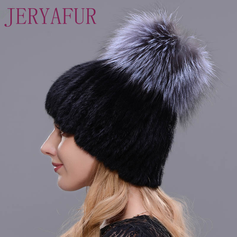 JERYAFUR Russian winter hat for women natural fur mink cap with full fox fur fashion elegant ladies Skullies hat