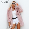 Simplee Elegant pink shaggy women faux fur coat streetwear Autumn winter warm plush teddy coat Female plus size overcoat party