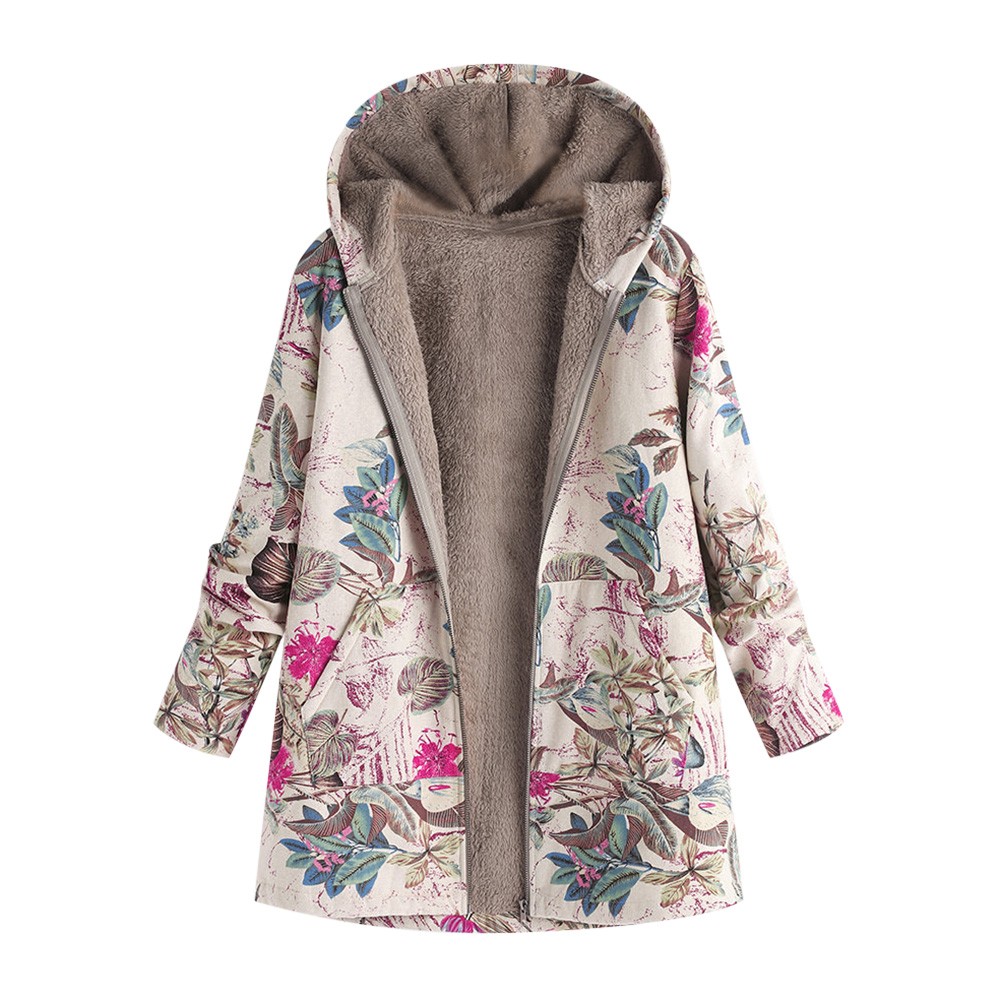 Hot Women Winter Warm Floral Hooded Jacket Flower Print Hoody Vintage Oversize Coats Winter Padded Jacket Women Parkas Fashion