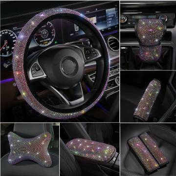 Universal Sparkle Luxury Bling Rhinestone Diamond Car Steering Wheel Covers Headrest Useful Auto Interior Decor Accessories