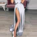 High Side Split Sexy Prom Dresses Deep V Neck Slivery Silk Satin Evening Formal Lady Gown Simple Style YSAN806