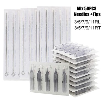 Tattoo Needles and Tips Set 50pcs Disposable Mixed Tattoo Needles and 50pcs Assorted Sterilized Disposable Tattoo Tip for Tattoo