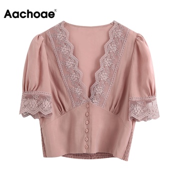 Aachoae Women Elegant Lace Patchwork Blouses Deep V Neck Pink Cotton Crop Top Shirt Puff Short Sleeve Vintage Summer Blouse 2020