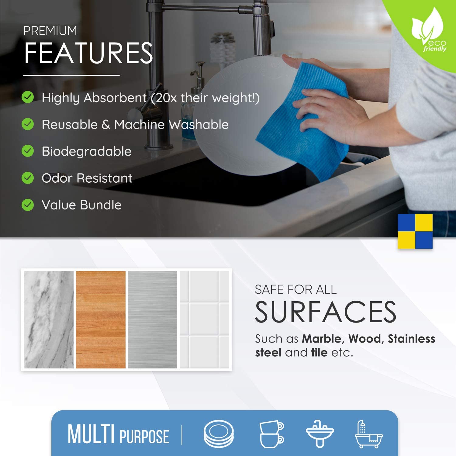 Swedish Dishcloth Cellulose Sponge Cloths - Bulk Eco-Friendly No Odor Reusable for Kitchen - Absorbent Dish Cloth Hand Towel