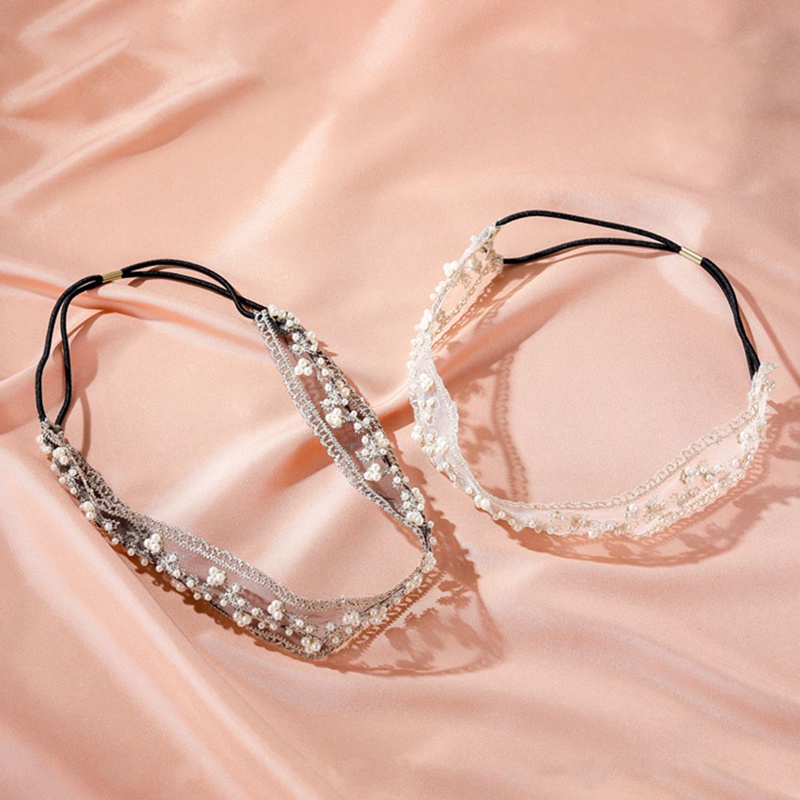 Trendy Lace Headbands With Pearl Beaded For Women Korean Beige Elastic Ribbon Flower Style Non-slip Hair Bands Bridal Headwear
