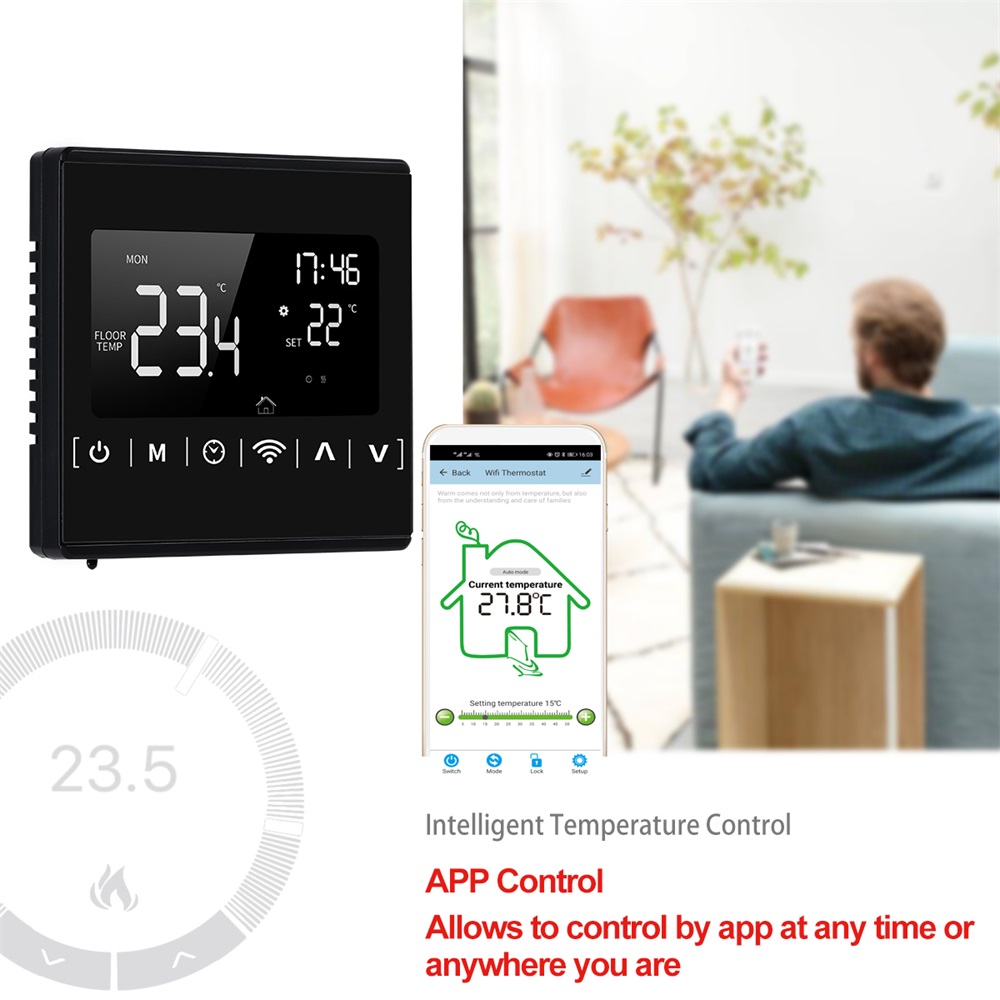 Description  MH1823 intelligent thermostat adopts advanced intelligent electronic control and wireless communication technology. It had collected such as temperature acquisition and display, temperature compensation, antifreeze protection, high-temperature protection, and APP remote controlling, etc. Which especially were used on floor heating devices, to build it with some precise inner-sensors/ outer-sensor to monitoring the temperature of the heating device so that preventing from the burning. It is developed to control electric underfloor or water heating or water/gas boiler system. These units are designed for use in commercial, industrial, civil, and domestic properties.  Specification:   Power supply	AC85V-265V 50/60 Hz Power consumption	<2W Load Current	≤16A Display Temperature Range	-20-95℃/-4-203℉ Measurement Accuracy	±℃/℉ Sensor	NTC Setting Temperature Range	5-50℃/41-99℉    LCD Display  Connecting: WIFI (2.4GHz)  Dual Operation: Touch Panel and App Remote using  High-Temperature protection range: 5-65℃/41-99℉, defaulted alarm temperature 35℃/95℉(Revised defaulted value by thermostat APP)