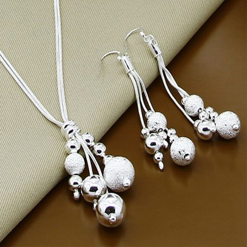 925 Silver Jewelry Set Bead Necklace Drop Earring For Women Fashion Jewelry
