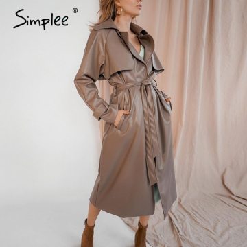 Simplee Streetwear PU leather trench coats womens Brown autumn winter sashes long coat Notched office ladies pocket outwear 2020