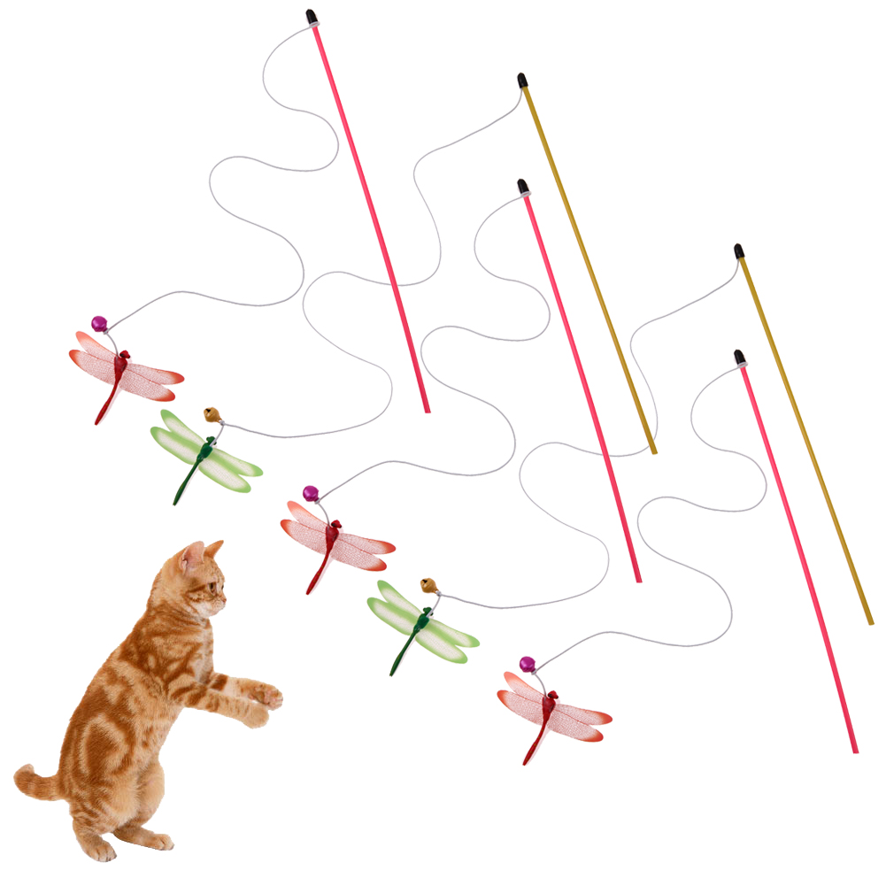 5pcs Funny Cat Stick Wire Toy Pet Dog Cat Teaser Wand Solid Colourful Toy Dragonfly with Bell for Cats Pet Products