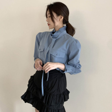 Women Blouses Pleated Lace Up Stand Collar Solid Color Double Pockets Petal Sleeve Femme Blusas Autumn New Women Shirts PL402