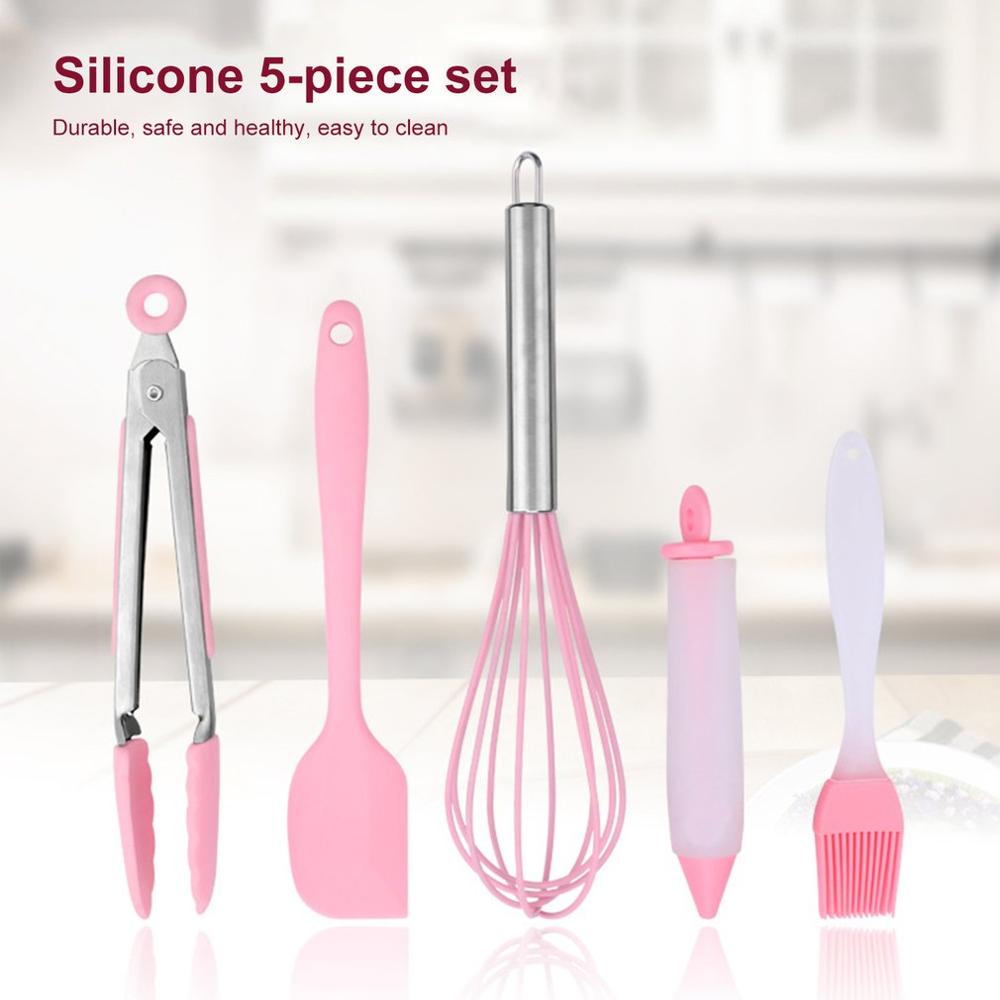 5Pcs/Set Silicone Cooking Tool Egg Beater Spoon Spatula Oil Brush Pink Silicone Cooking Tools Sets For Kitchen Cooking Tools