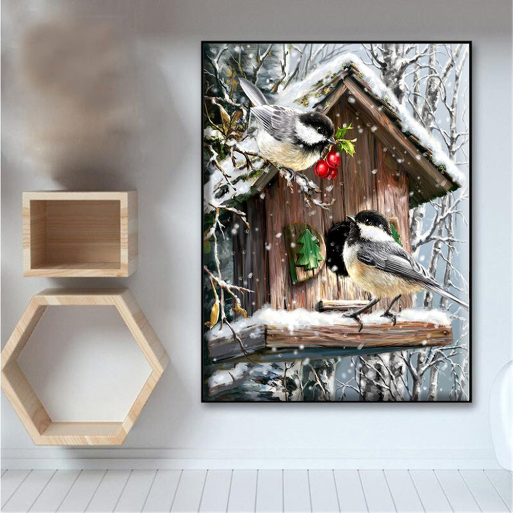 HUACAN Cross Stitch Bird Animal Needlework Sets For Full Embroidery Winter Scenery Kits White Canvas 14CT DIY Home Decor 40x50cm