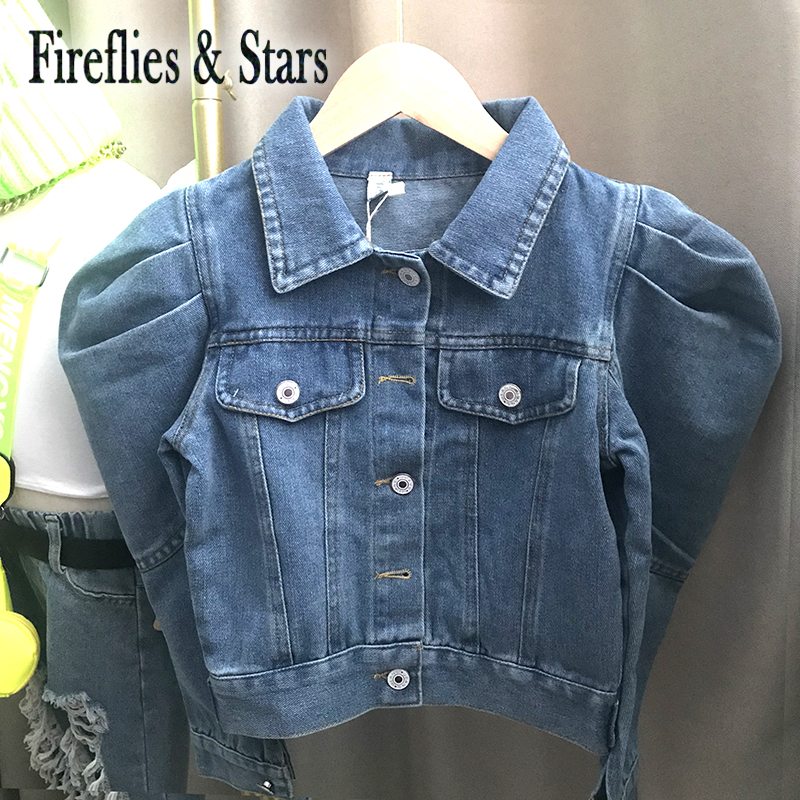 Spring Autumn girls denim jacket baby coat children outwear kids streetwear fashion pleated puff sleeve pocket patch 3 to 12 yrs