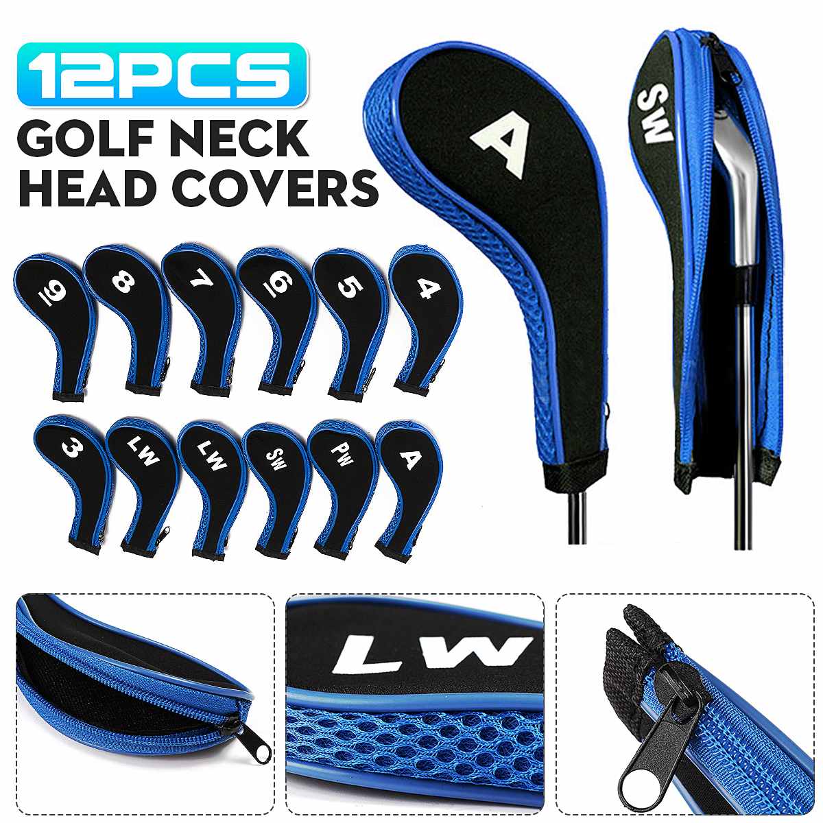 12Pcs Golfs Clubs Iron Head Covers Headcovers Protector Outdoor Equipment with Zipper Long Neck Waterproof Golf Club Head