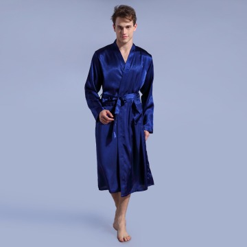 Navy blue Bathrobe Casual Nightwear Ночное платье Pajamas Loose Leisure Men's Sleepwear Rayon Satin Robe Gown Solid Kimono