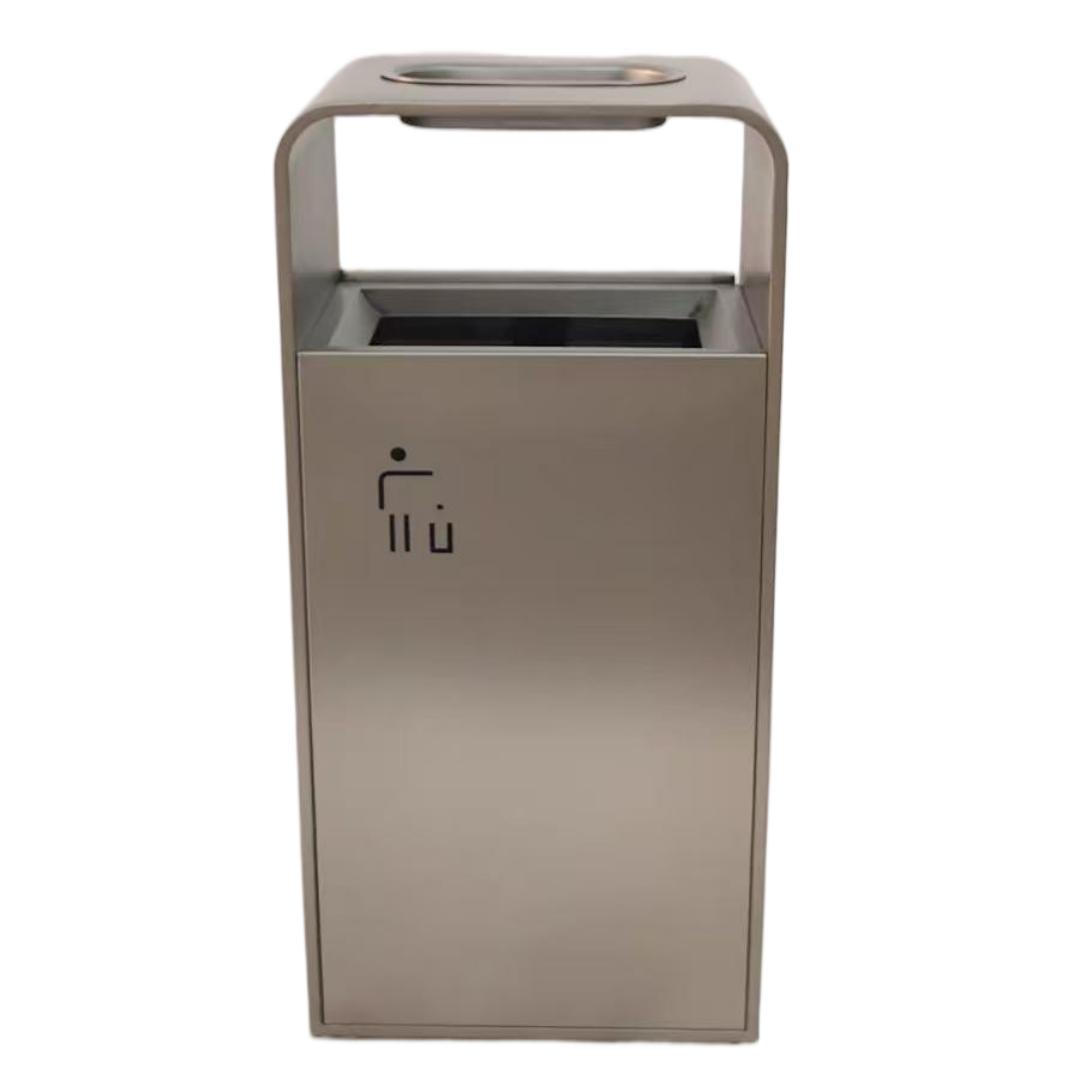 Stainless steel commercial trash can.