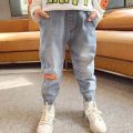 Baby boys jeans 3-11 years old cotton Spring and autumn solid color stitching trousers Classic blue + gray 2 colors kids pants