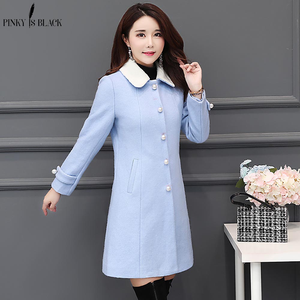 PinkyIsblack Turn Down Collar Long Wool Coat Elegant Winter Woman Wool Blend Coats Slim Type Female Pockets Warm Coat Outerwear