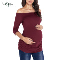 Womens Maternity Tunic Pregnancy Tops Off Shoulder 3/4 Sleeve Womens Clothing Classic Side Ruched T-shirt Pregnancy Clothes