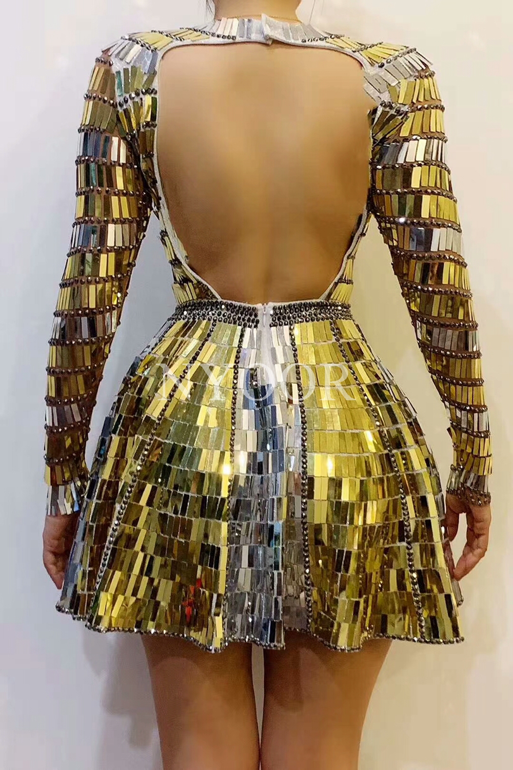 Shining Gold Silver Sequins Rhinestones Backless Dress DJ Singer Dancer Stage Wear Dance Team Mirrors Costume Party Show Clothes