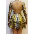 Shining Gold Silver Sequins Rhinestones Backless Dress DJ Singer Dancer Stage Wear Dance Team Mirrors Costume Party Show Clothes