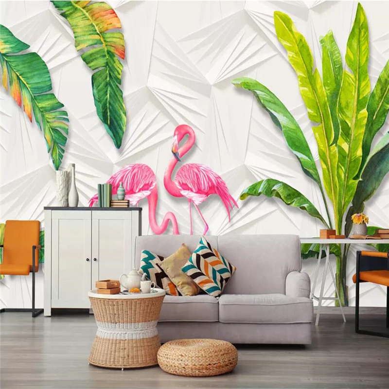 Nordic wallpaper small fresh tropical rainforest banana leaves flamingo background wall high-grade wallpaper mural