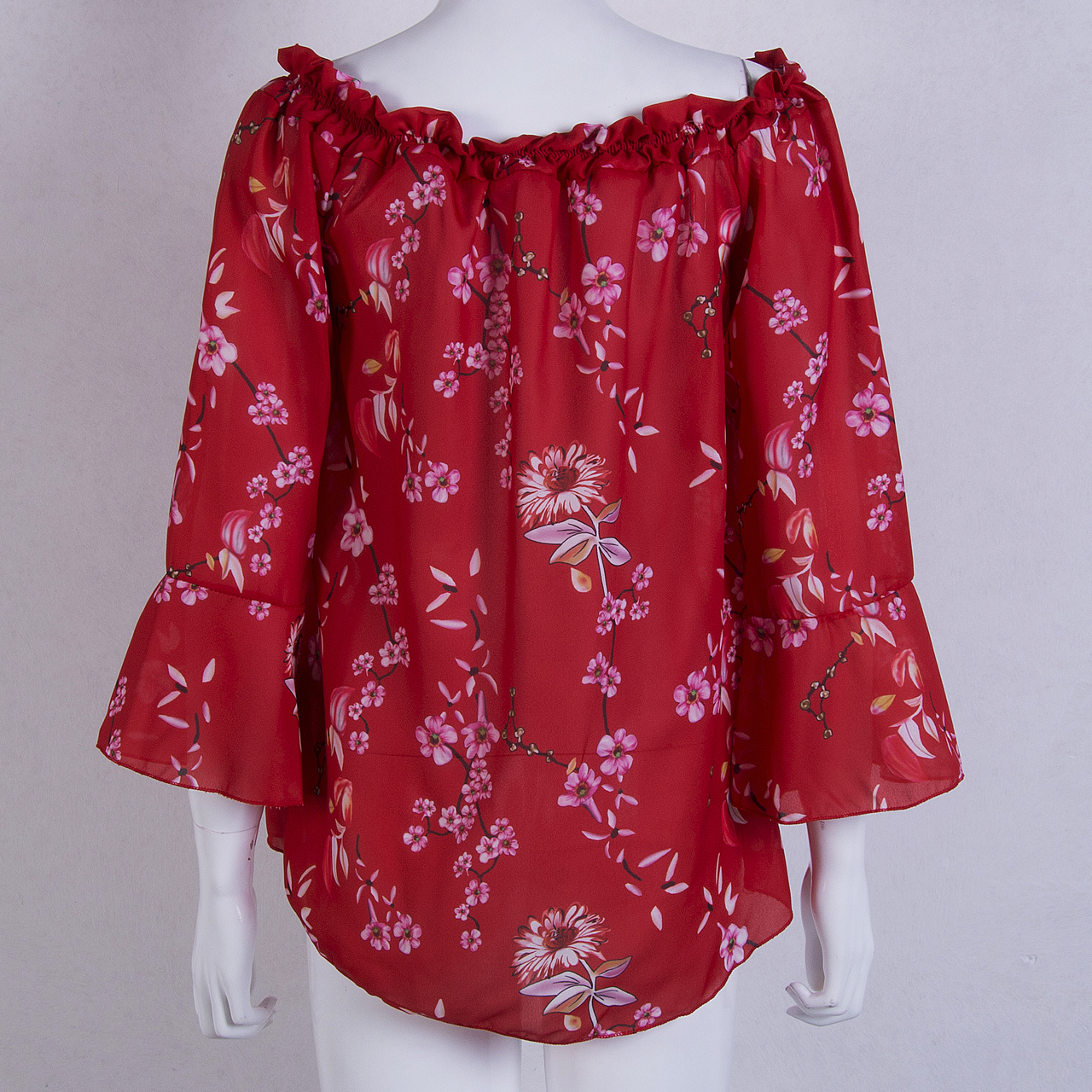 Fashion blouse Women's Off Shoulder flare Long sleeve red gorgeous flower Tops Shirt Casual Blouse Loose Crop female