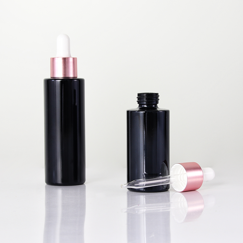 Black Glass Bottle With Rose Gold Dropper1 Jpg