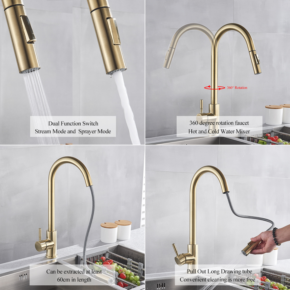 Brushed Gold Kitchen Faucet Hot And Cold Water Mixer Faucet For Kitchen Pull Out Mixer Crane 2 Function Spout Water Mixer