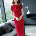 Summer Temperament Elegant Diamond Plus Size Slim Short Sleeve O-neck A-line Simple Solid Color Women Party Cocktail Dress