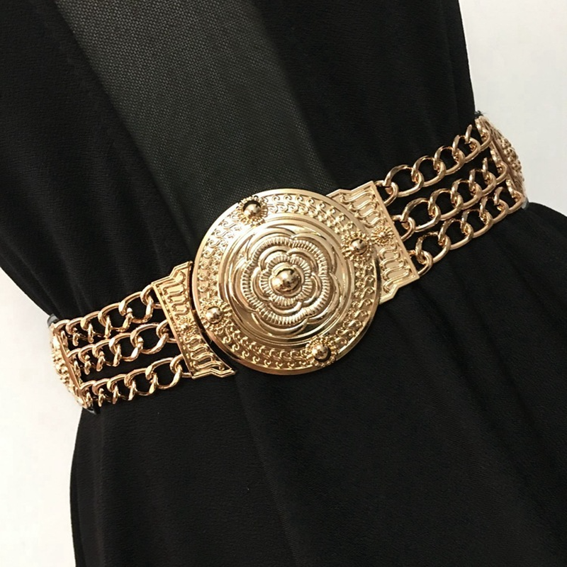 2020 Women Flower Waist Belts Fashion Ladies Floral Elastic Wide Gold Metal Belt For Dress Female Golden Chain Belt Girls