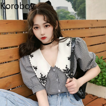 Korobov Summer New Sweet Plaid Blouses Vintage Peter Pan Collar Flower Embroidery Shirts Puff Short Sleeve Korean Blusas Mujer