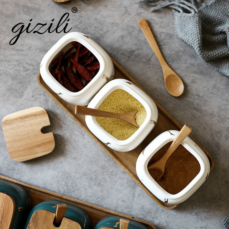 Nordic Matte Marbled Ceramic Seasoning Can Creative Kitchen Tank Set Wooden Cover/Tray Salt Shaker Spice Jar Kitchen Accessories