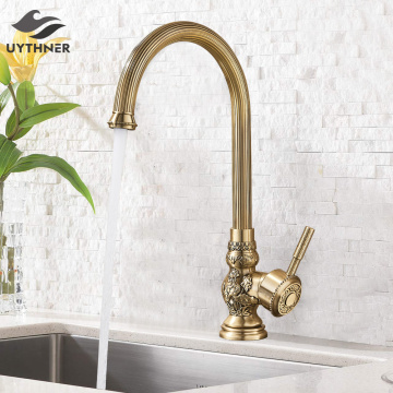 Uythner Kitchen Sink Faucets Retro Brass Antique Bronze Single Handle Kitchen Basin Faucets Deck Mounted Hot&Cold Water Mix Tap