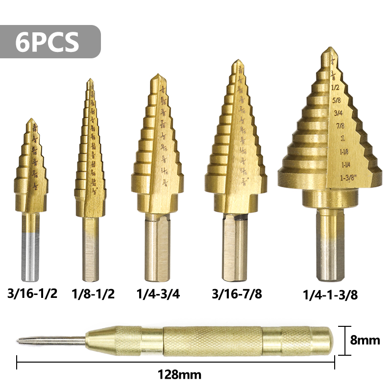 XCAN Step Drill Bit Set Pagoda Shape Matel Drill Bit with 130mm Center Punch Drill Hole Cutter Core Drill Bit