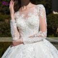 Glamorous Long Sleeve Appliques Chapel Train Ball Gown Wedding Dress 2020 Luxury Beading Scoop Neck Lace Up Princess Bridal Gown