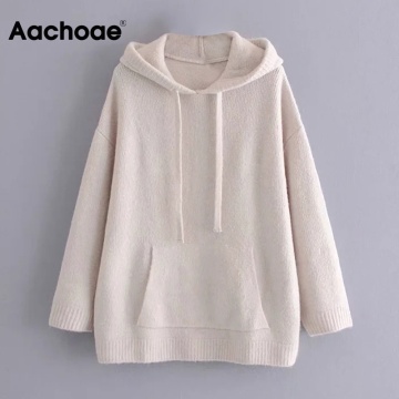 Aachoae Women Solid Casual Knitted Hoodies 2020 Loose Hooded Pullover Sweatshirt Batwing Long Sleeve Ladies Tops Sudaderas